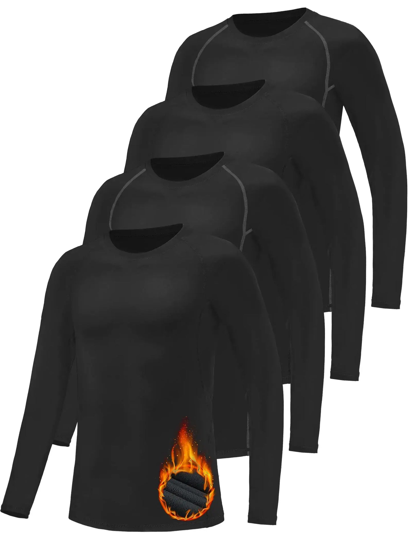 Black long-sleeved thermal compression shirts for boys, fleece-lined base layer tops