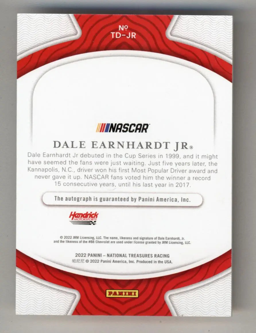 Back side of Dale Earnhardt Jr Panini National Treasures Treasured Debuts card