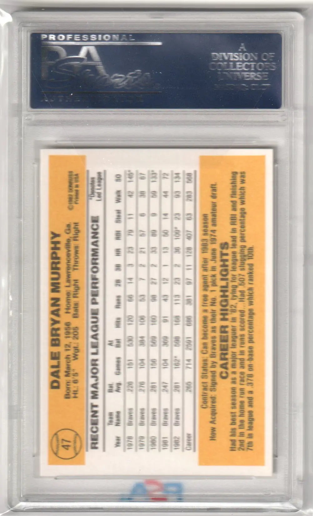 Graded Dale Murphy 1983 Donruss baseball card PSA 10 GEM MINT from Columbia Hobby