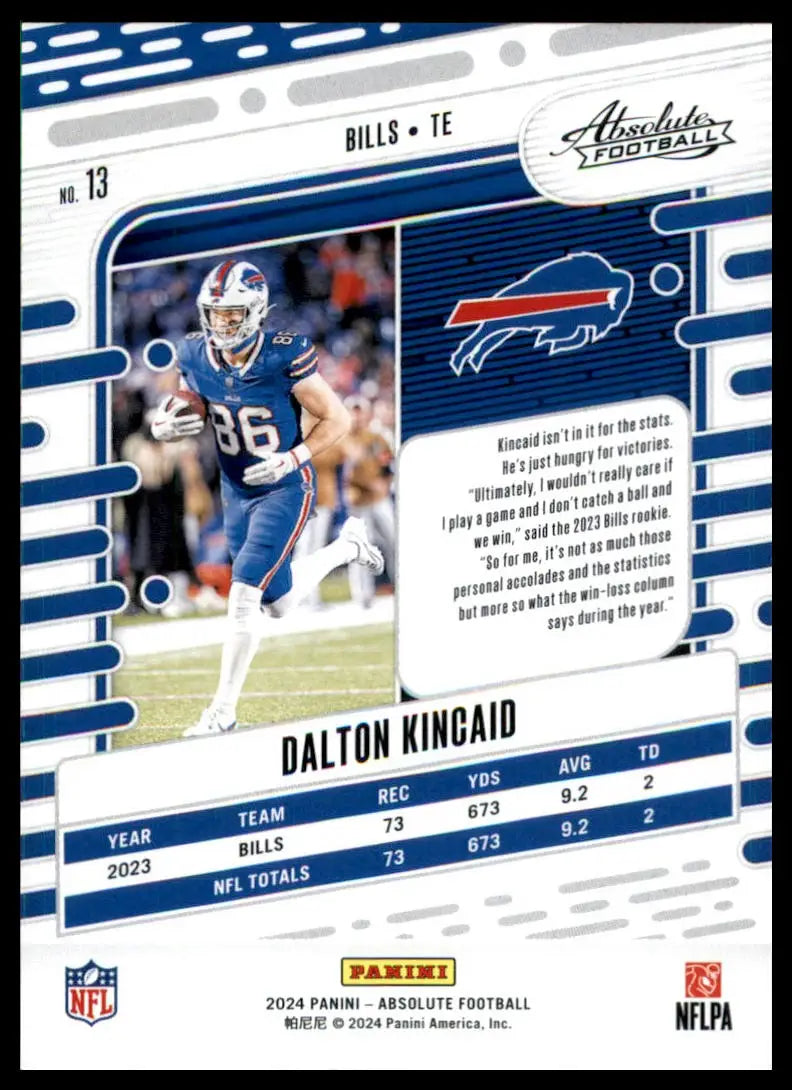 Dalton Kincaid football card from Panini Absolute 2024 Buffalo Bills product