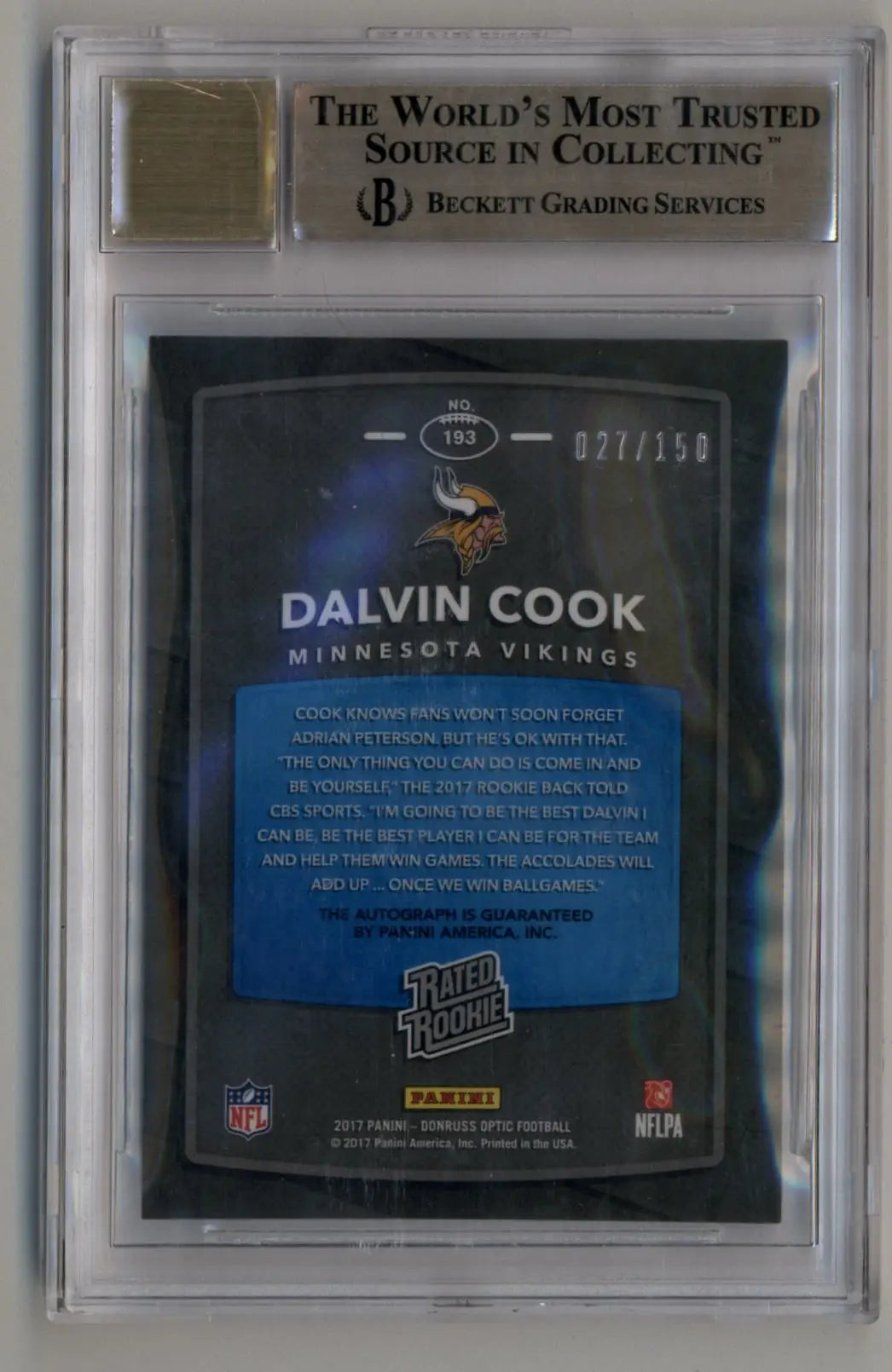 Graded Dalvin Cook Donruss Optic Rated Rookies Auto card in protective case