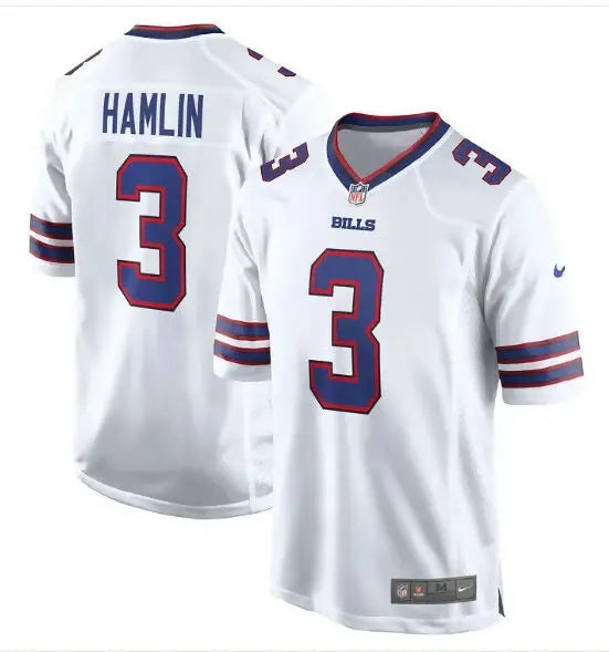 White Buffalo Bills Damar Hamlin #3 Nike Game Jersey displayed for sale