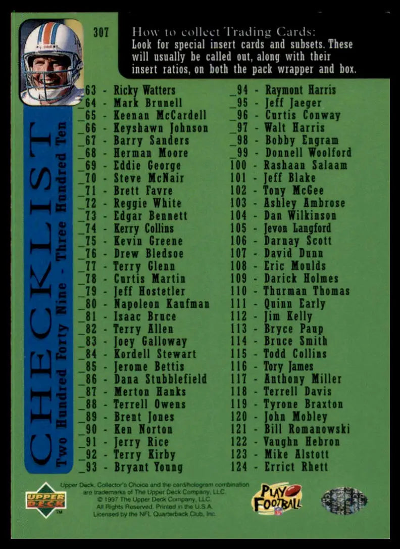 Football card checklist featuring Dan Marino from 1997 Collector’s Choice Miami Dolphins