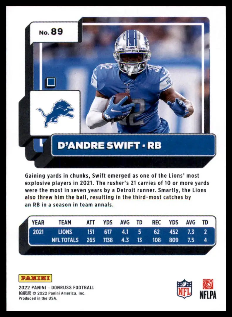 D’Andre Swift 2022 Donruss football card featuring Detroit Lions player