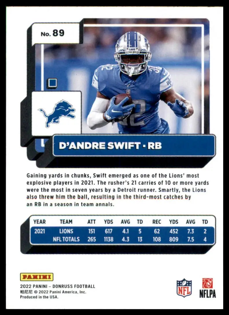 D’Andre Swift 2022 Donruss football card featuring Detroit Lions player