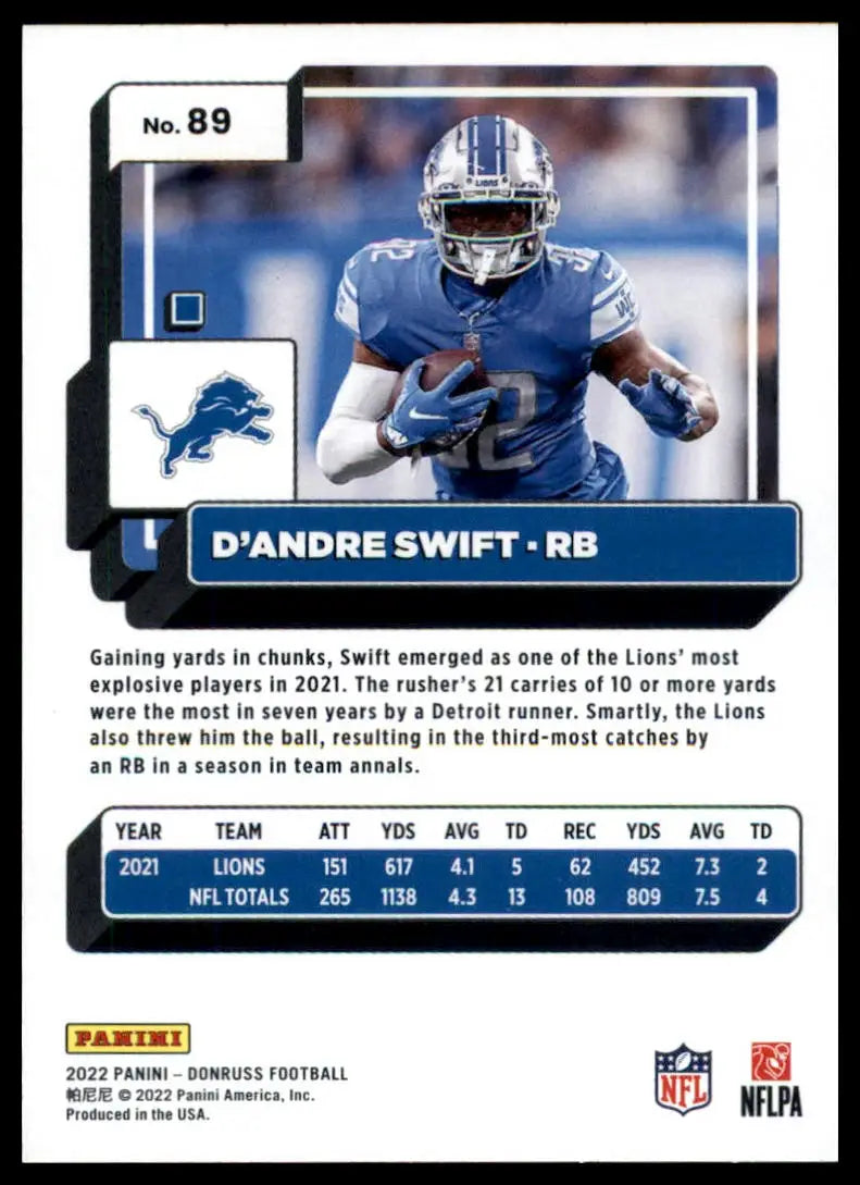 D’Andre Swift 2022 Donruss football card showing Detroit Lions player on a blue background