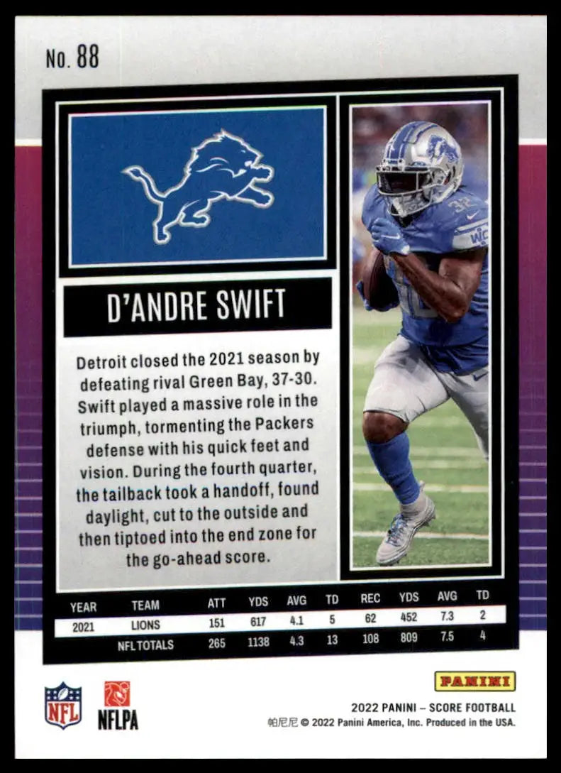 D’Andre Swift 2022 Score football card featuring Detroit Lions player in product image