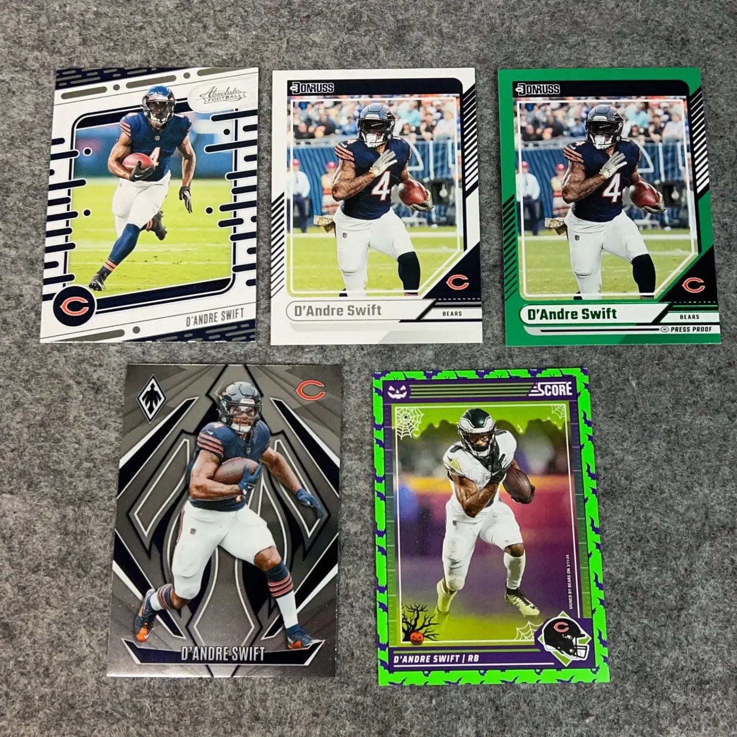 Collection of five D’Andre Swift Chicago Bears 2024 Panini NFL trading cards