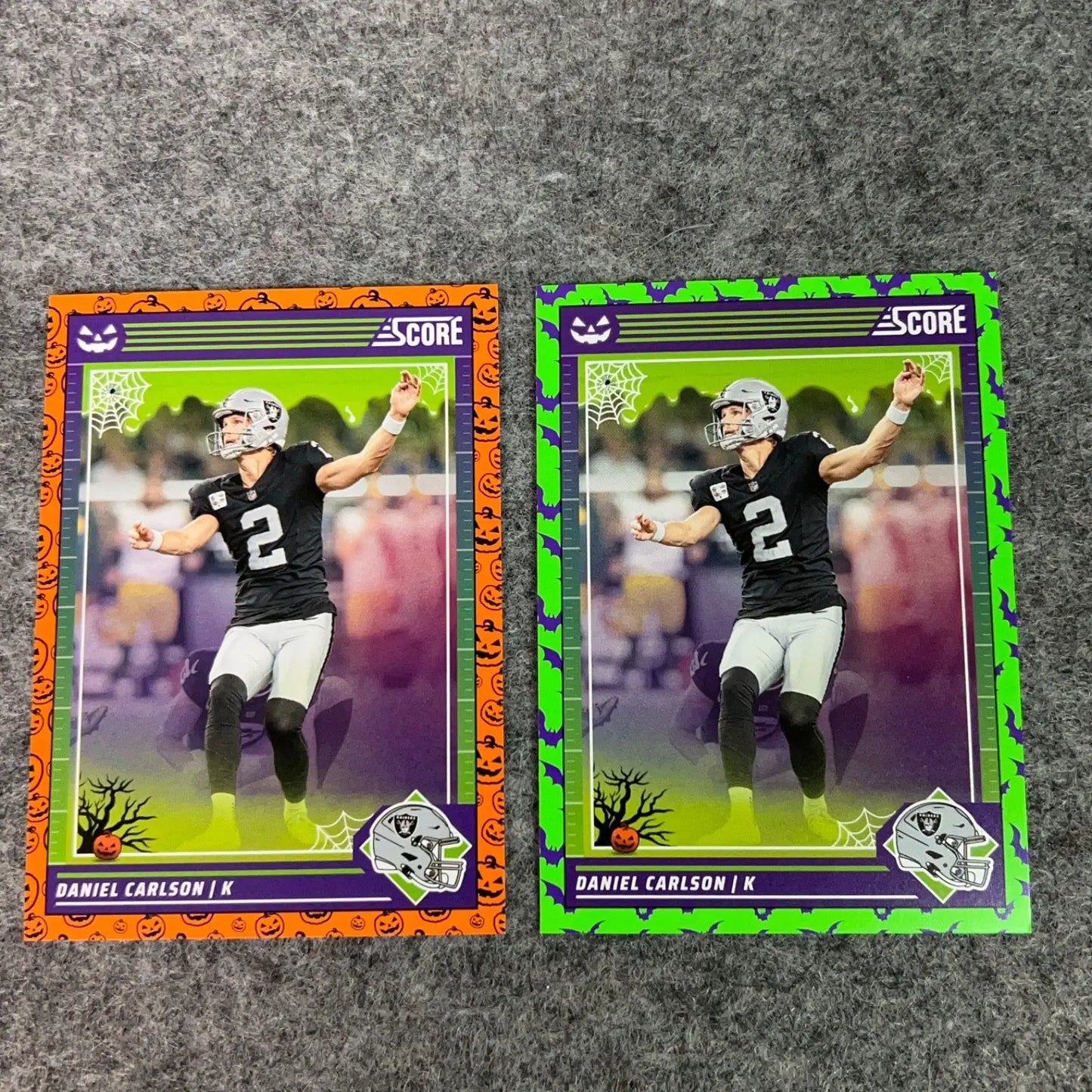 Halloween-themed American football trading cards featuring Daniel Carlson for the Las Vegas Raiders