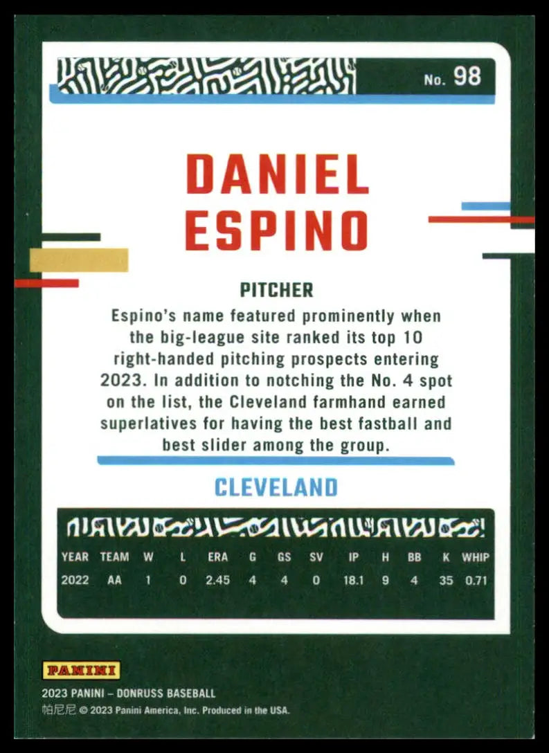 Daniel Espino baseball card from 2023 Donruss #98 Cleveland Guardians collection