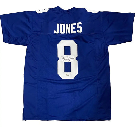 Blue Daniel Jones Autographed New York Giants Jersey with COA, ideal for sports memorabilia collectors