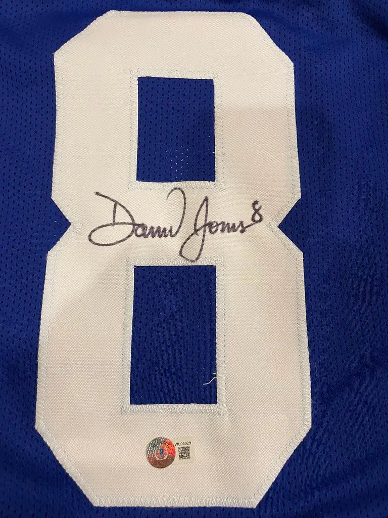 Daniel Jones autographed blue jersey with signed white number 8 for Giants fans