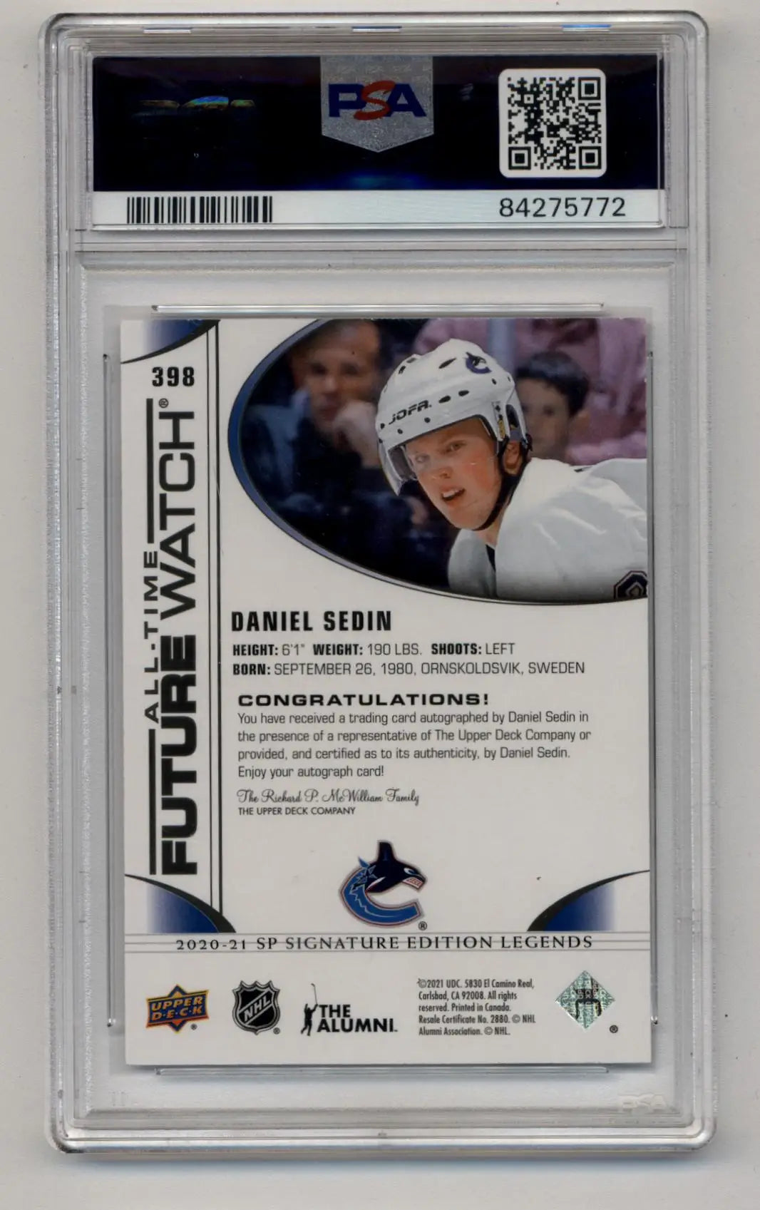Daniel Sedin 2020-21 SP Signature Legends Black 08/10 PSA 9 Mint - Singles