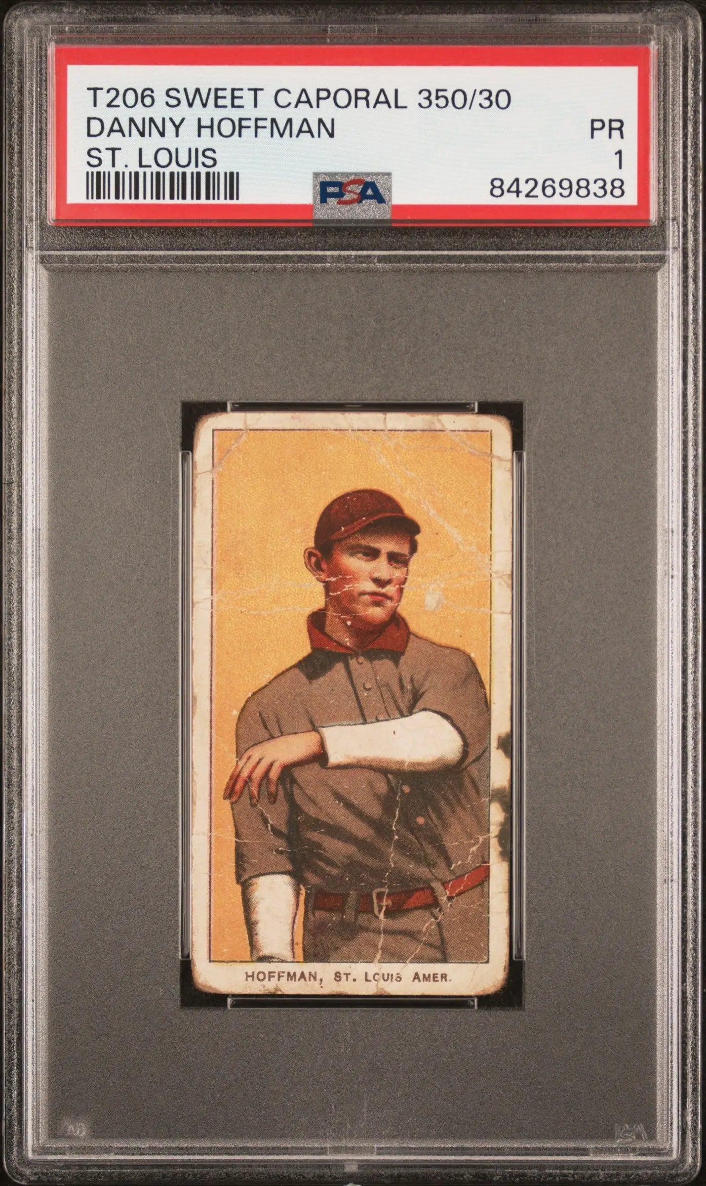 PSA-graded T206 Sweet Caporal card featuring Danny Hoffman in dark uniform with crossed arms