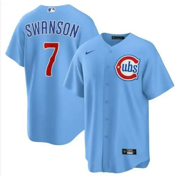 Light blue Chicago Cubs Nike 2nd Alternate Replica Player Jersey featuring Dansby Swanson