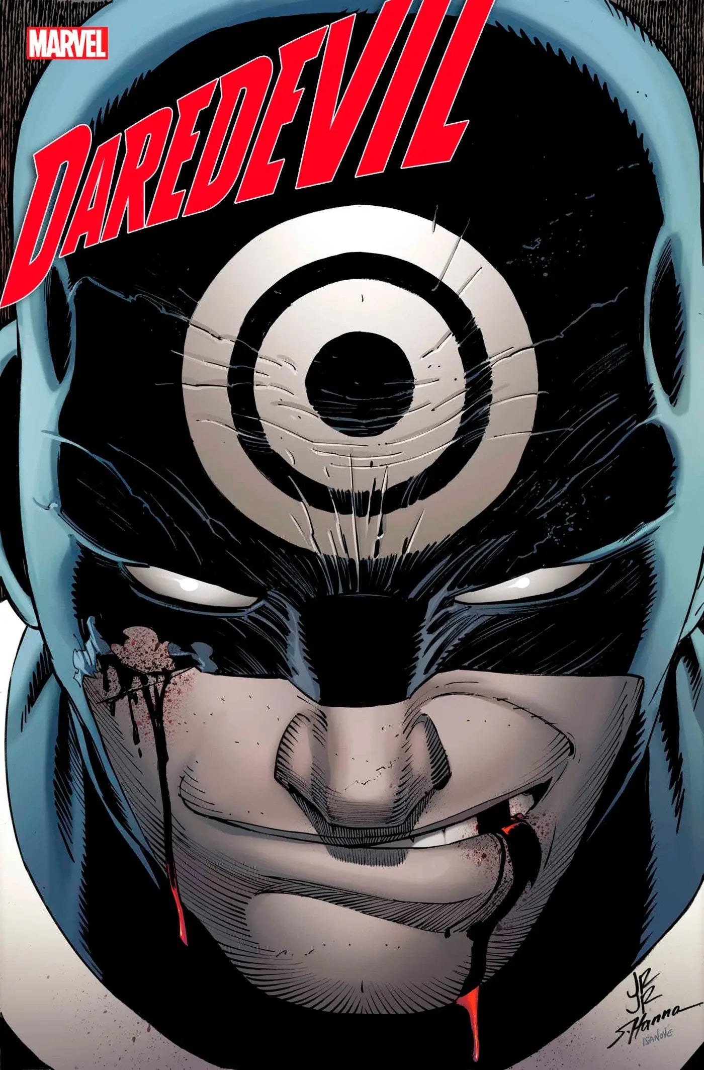 Close-up of Daredevil’s masked face with bullseye design for trading cards collection