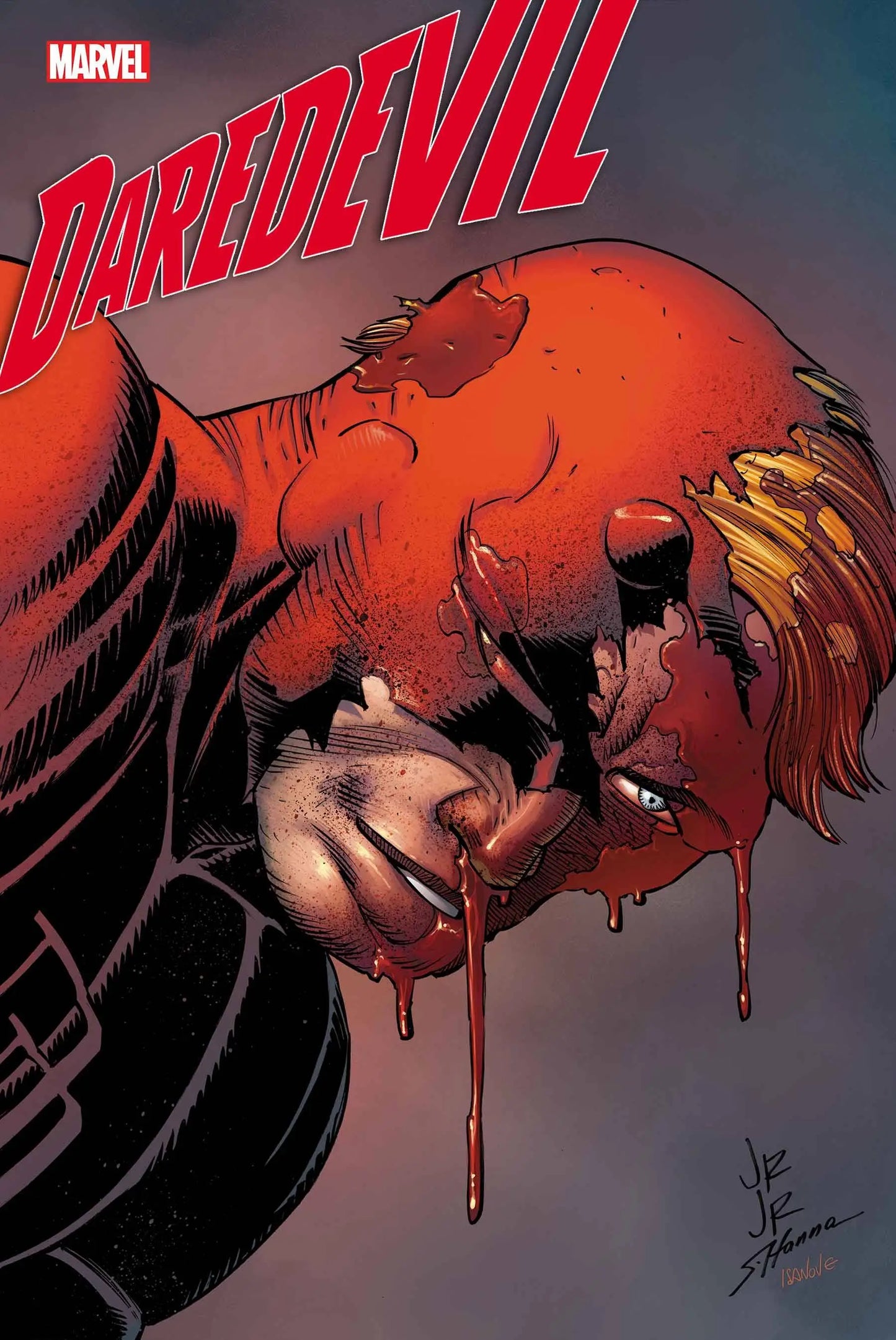 Dripping red Daredevil mask on dark background, perfect for trading cards collection