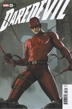 Red-suited superhero in combat stance for DAREDEVIL #17 Leirix Var trading cards