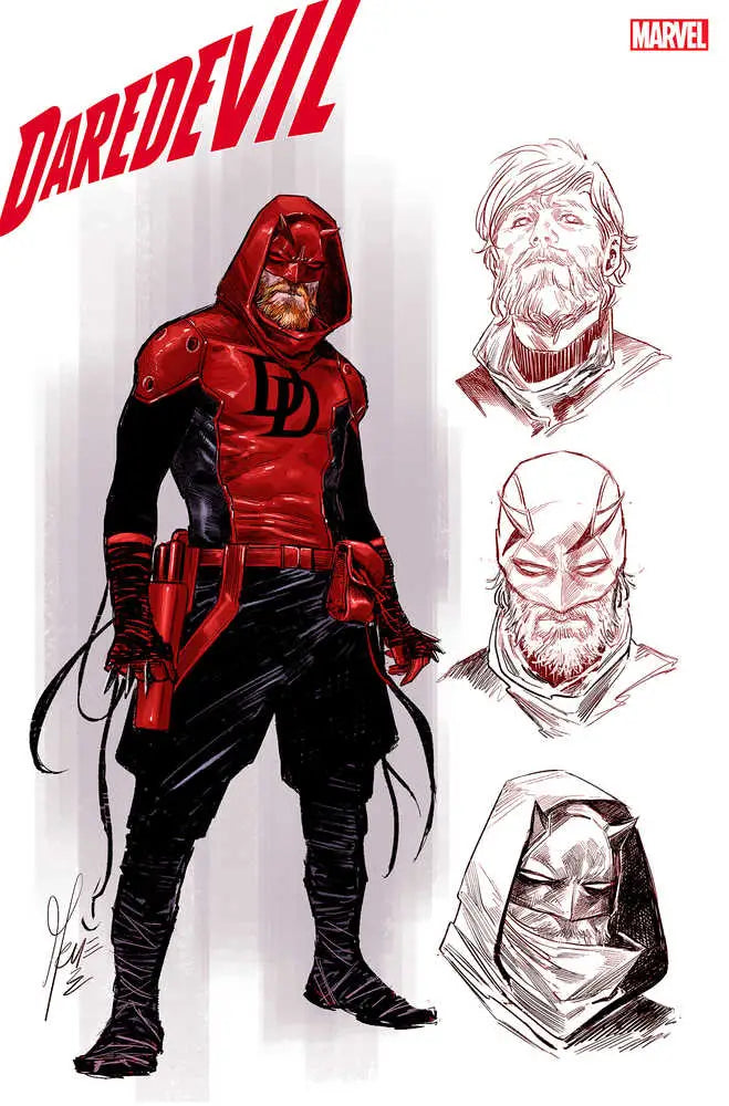Red-suited Daredevil character with head studies in Daredevil #5 Checchetto variant