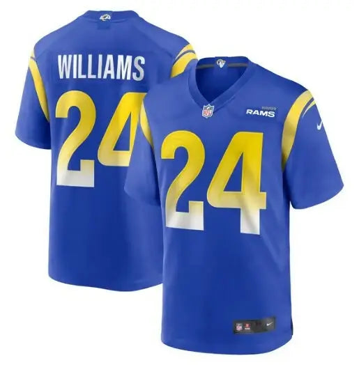 Blue Los Angeles Rams Darious Williams jersey with WILLIAMS and 24 in yellow and white