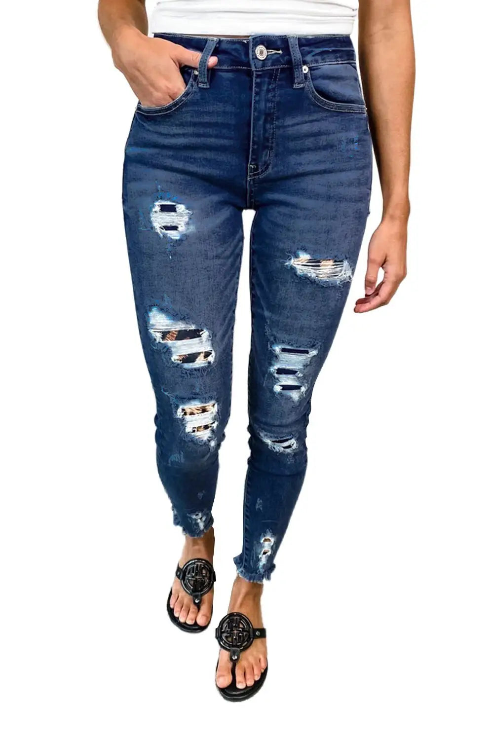 Dark Blue Leopard Patch Distressed Skinny Jeans with high waist and frayed hems for relaxed style