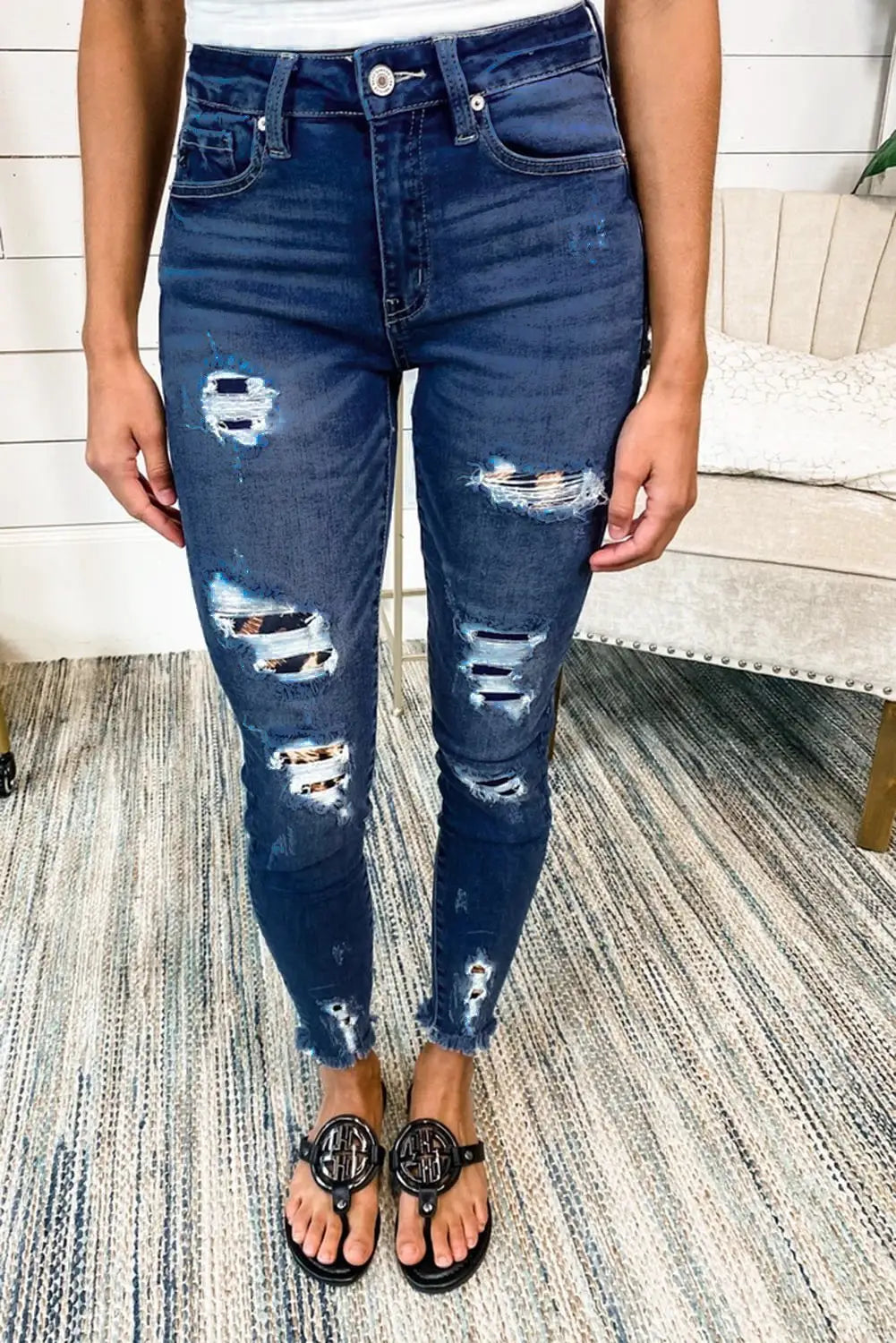 Dark Blue Leopard Patch Distressed Skinny Jeans with frayed hems for a relaxed style