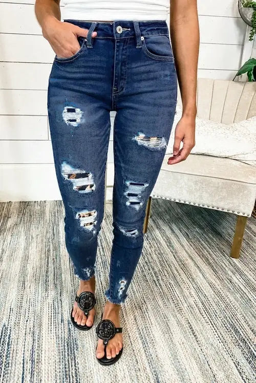 Dark Blue Leopard Patch Distressed Skinny Jeans with frayed hems for stylish relax relax wear