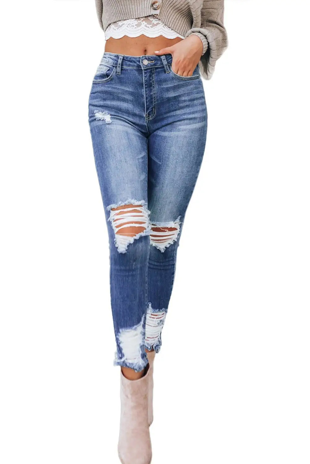 Dark Blue Washed Distressed Slits Skinny Jeans with high waist and ripped frayed hems