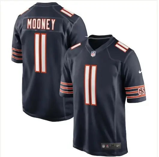Navy blue Chicago Bears Darnell Mooney Nike game football jersey on display