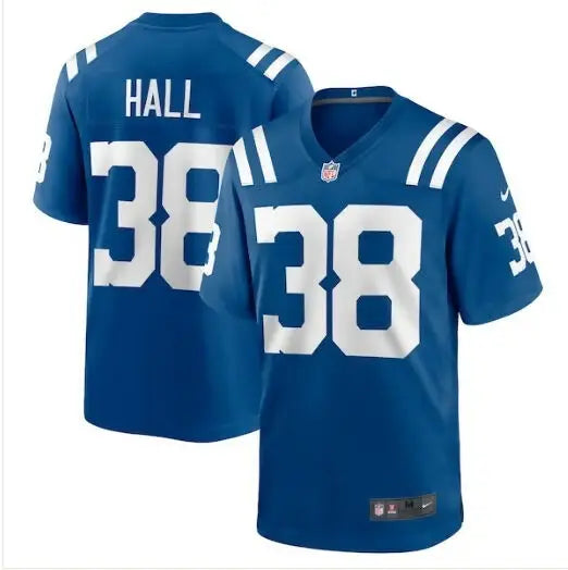 Blue Indianapolis Colts Darren Hall Nike Game Jersey with number 38 and HALL on back