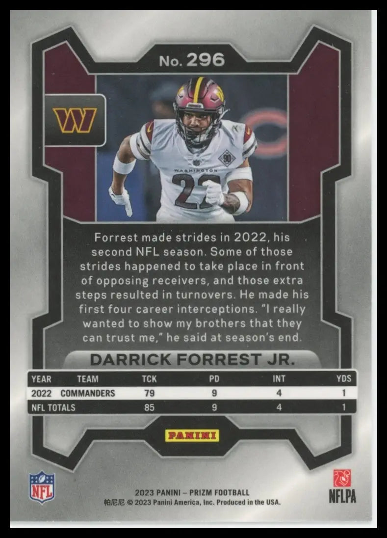 Back of Darrick Forrest Jr. 2023 Panini Prizm trading card featuring Washington Commanders
