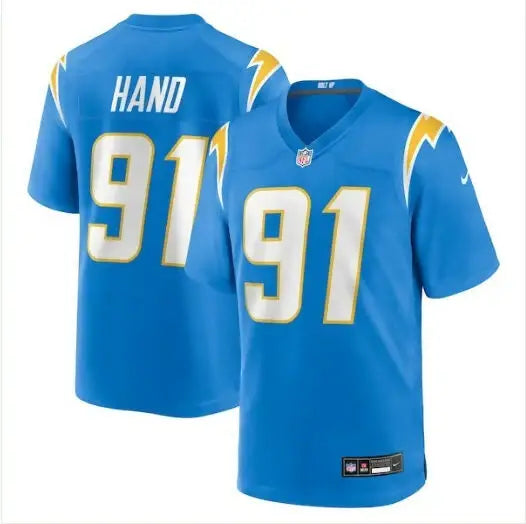 Light blue Los Angeles Chargers football jersey with number 91 and HAND on back