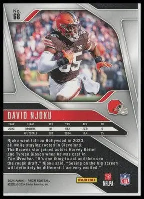 Football trading card of David Njoku from Panini Prizm 2024 with stats and quote