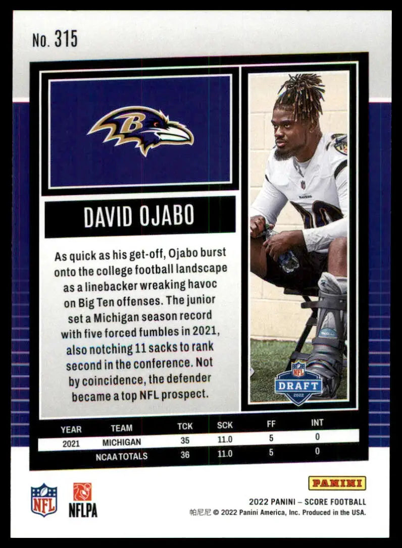 David Ojabo football card from the 2022 Score Rookie series for Baltimore Ravens
