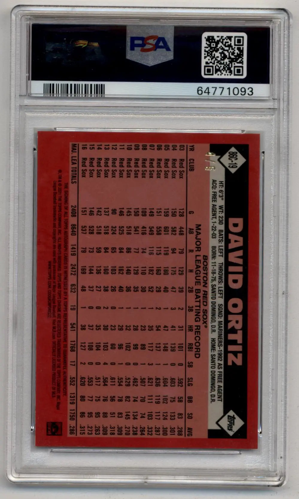 Graded David Ortiz baseball card from Topps Silver Pack Update with red back and auto