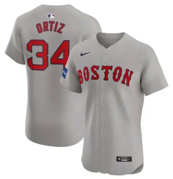 Gray Boston Red Sox David Ortiz Nike Road Elite Player Jersey on display