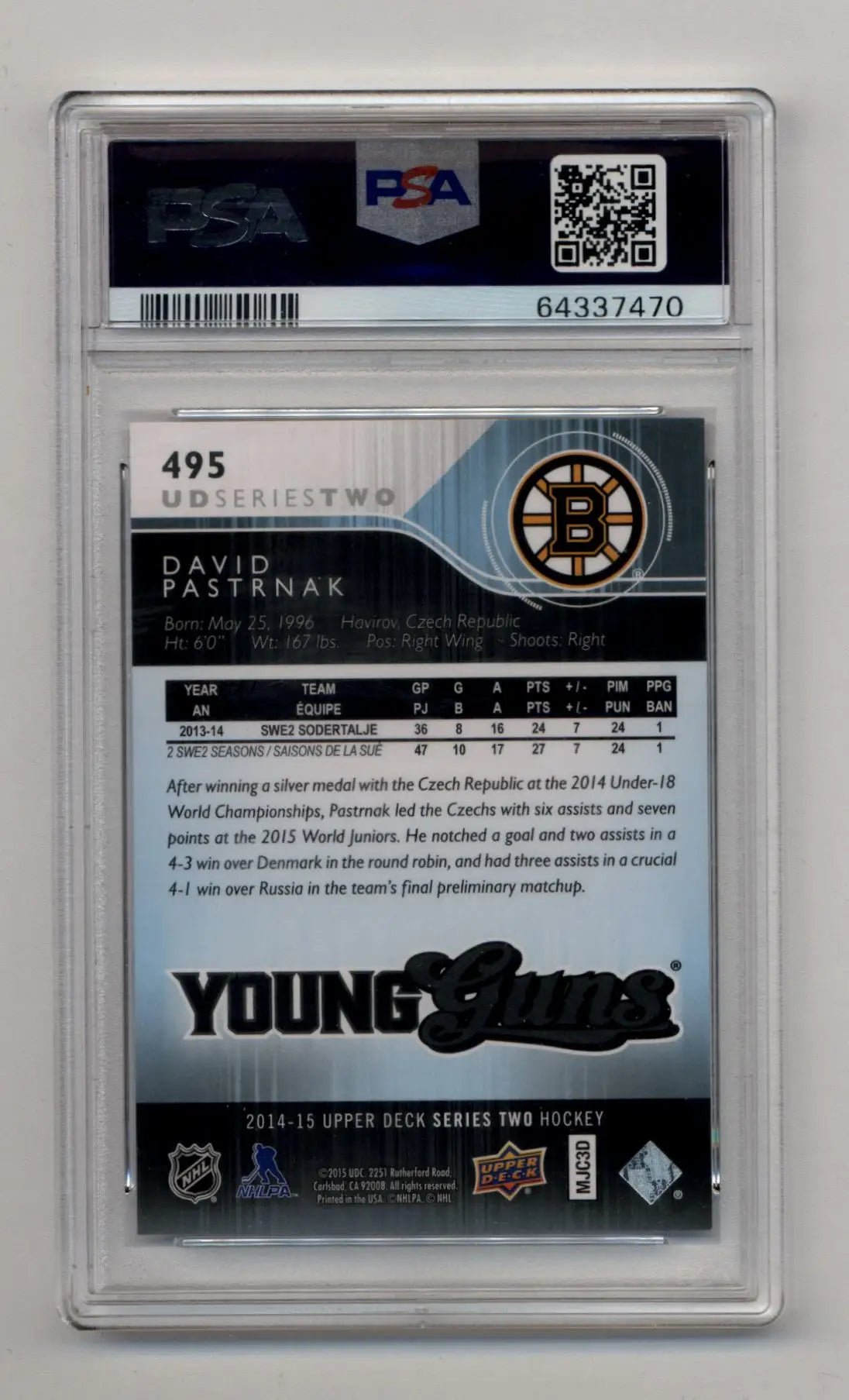 PSA-graded David Pastrnak 2014-15 Upper Deck Young Gun #495 card back with stats and logo