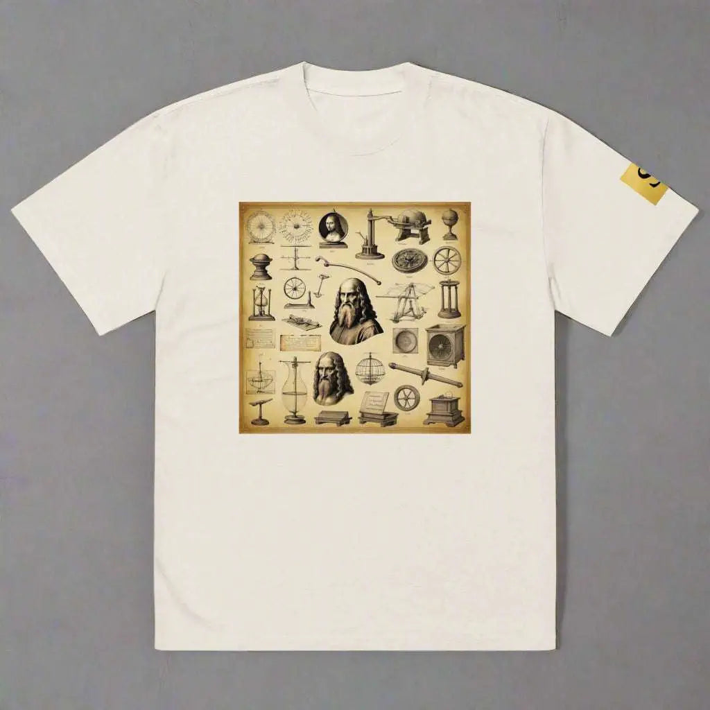 Cream-colored Davinci unisex oversized graphic t-shirt with vintage scientific instruments print
