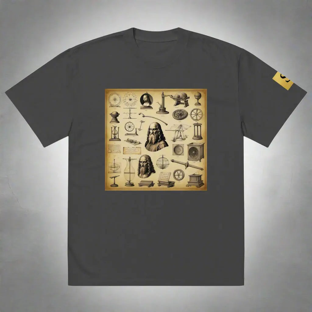 Dark grey DAVINCI unisex oversized graphic t-shirt with scientific inventions and portraits