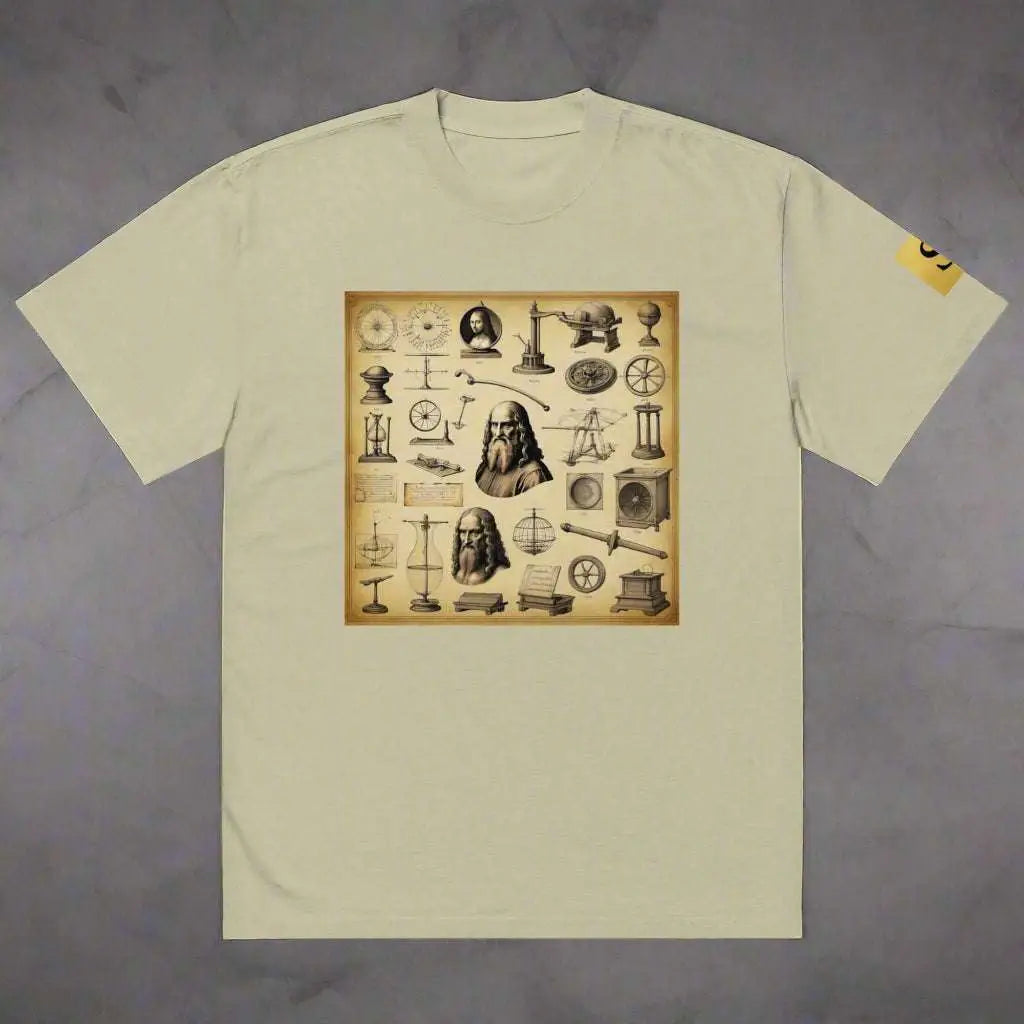 Light beige Davinci unisex oversized graphic t-shirt with vintage scientific instruments print