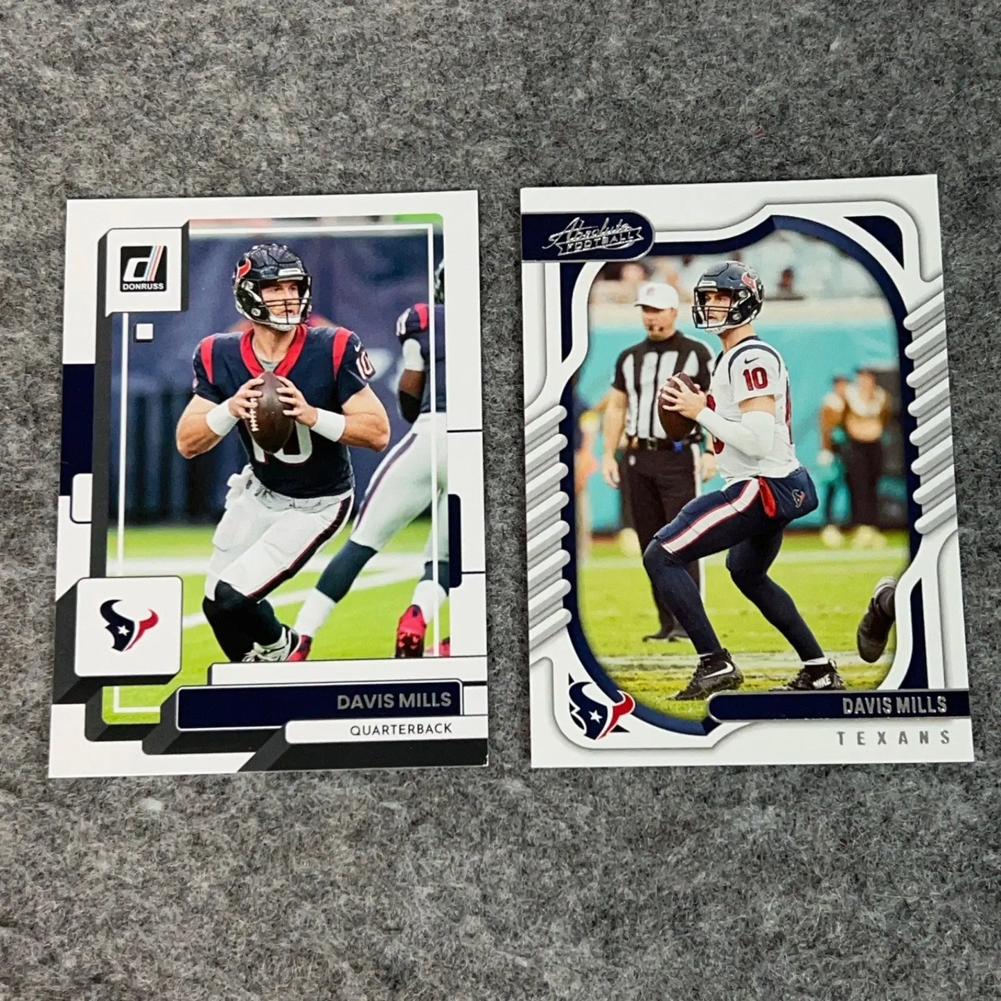 Two Davis Mills Houston Texans football trading cards in a Panini NFL sports product