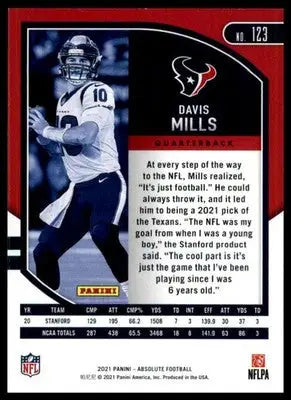 Davis Mills football card from Panini Absolute 2021 Rookie series for Houston Texans