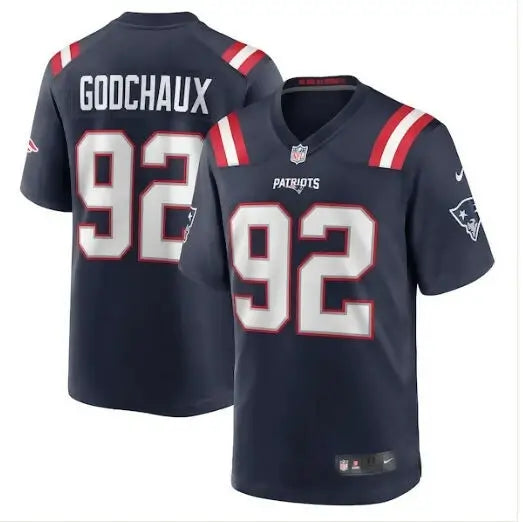 Navy blue New England Patriots football jersey with GOCHAUX 92 in white and red trim