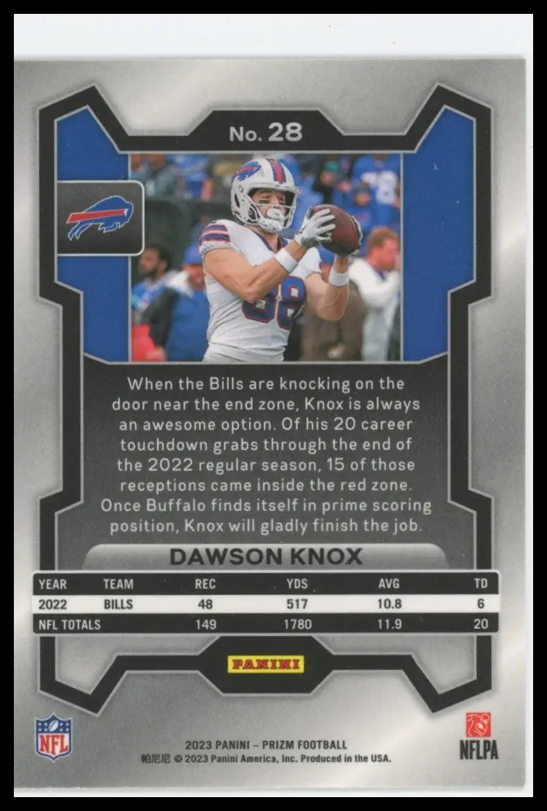 Dawson Knox Panini Prizm football card from 2023 Panini Prizm Buffalo Bills collection