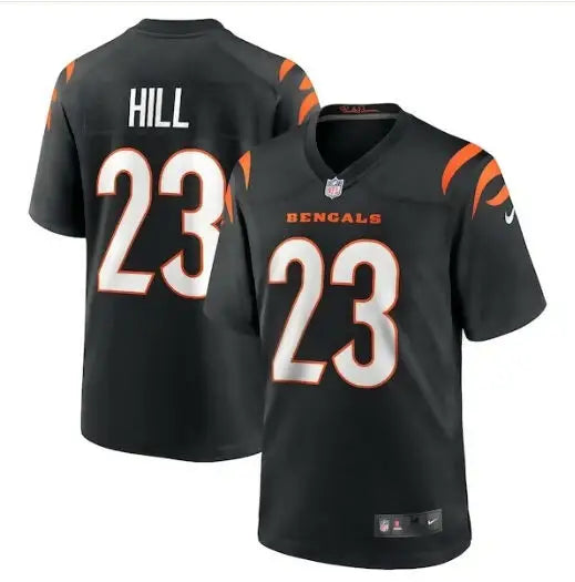 Black Cincinnati Bengals Daxton Hill Nike game jersey with number 23 and HILL on back