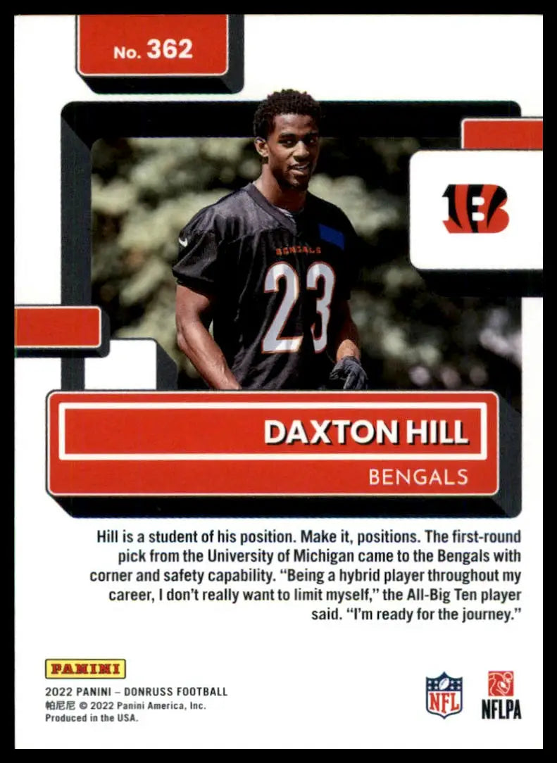 Daxton Hill football card from 2022 Donruss Rookie series featuring Cincinnati Bengals