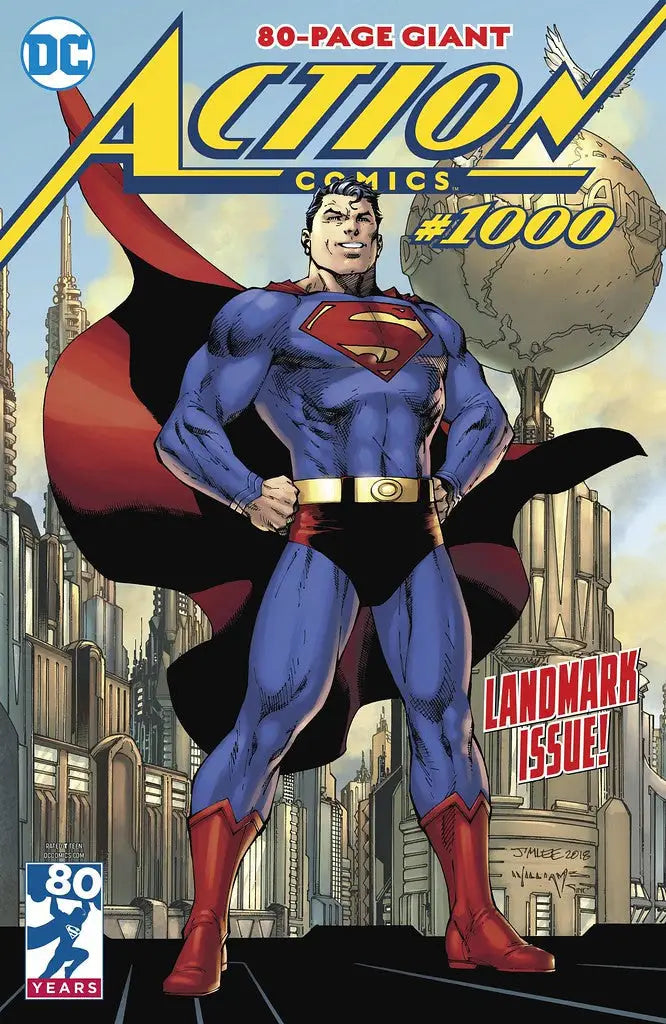 Superhero in blue costume with red cape and boots in DC Comics Action Comics #1000