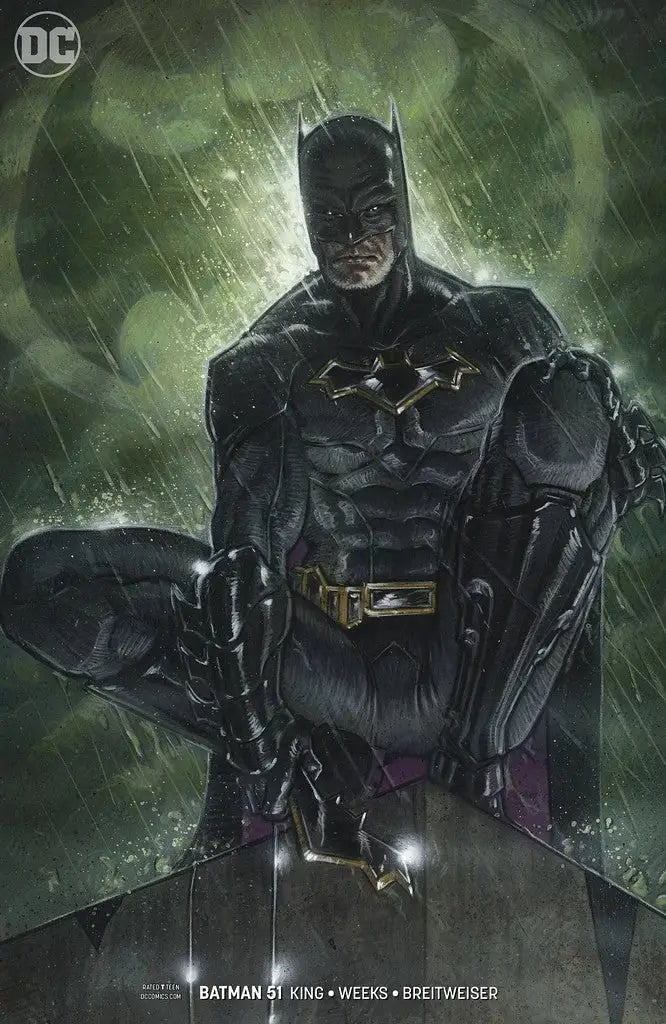Dark superhero in bat costume standing in rain from DC Comics Batman trading cards