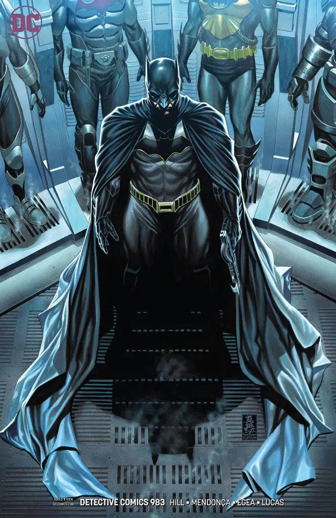 Caped superhero in dark costume before suits of armor from Detective Comics variant