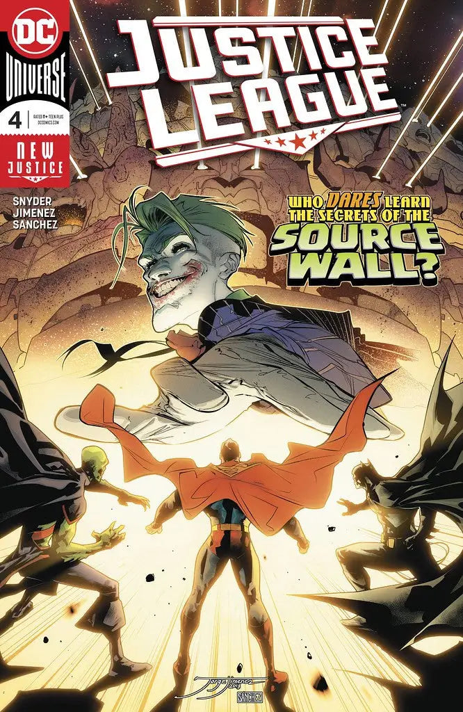 Comic book cover of DC Comics Justice League #4 featuring green-haired villain breaking wall